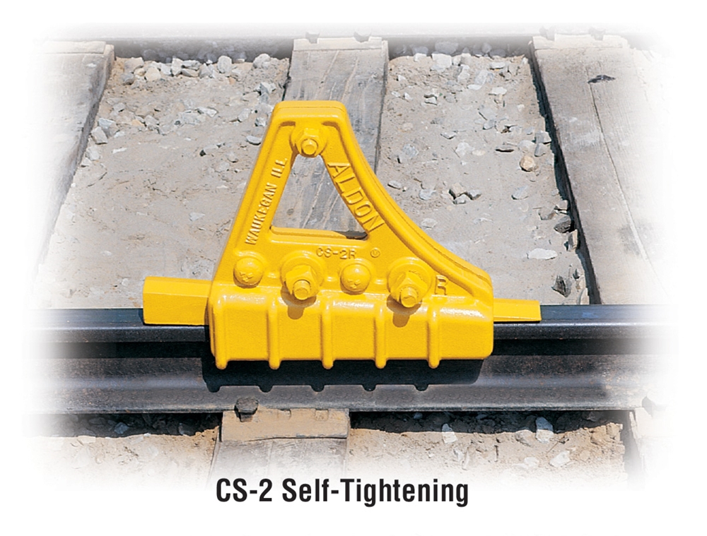 CS-2 Self-Tightening Car Stop
Car Stop is assembled on head of rail by tightening 5 bolts and driving wedge from the rear.  Weight 107lbs